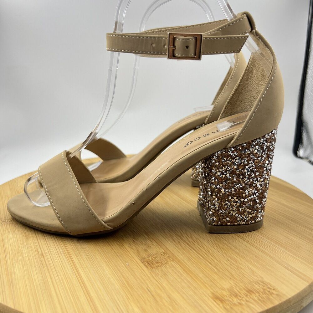 BAMBOO Tan Sandals Size 6.5 Glitter Block Heel Ankle Strap Faux Suede Shoes